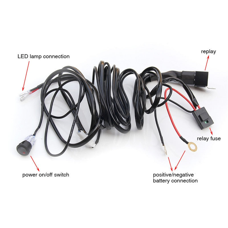 LED connection cable, power button, relay fuse, positive/negative battery connection