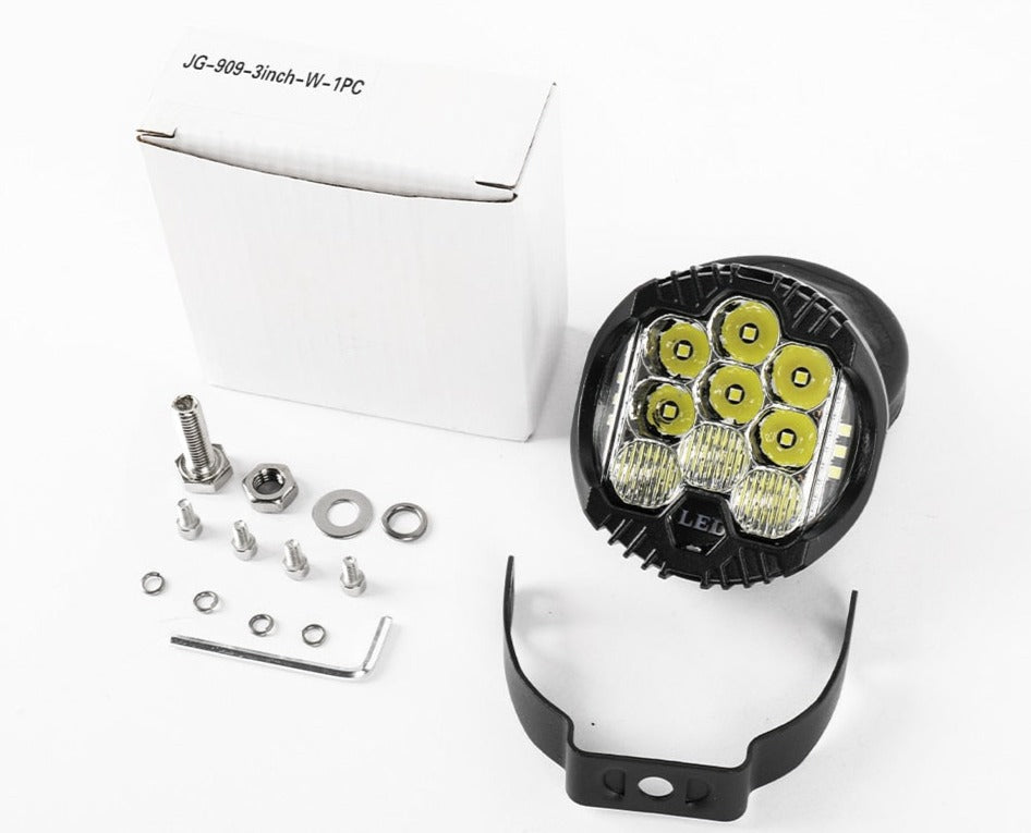 Product Packaging details, one 3" Spot led Light, one bracket to suit and screws